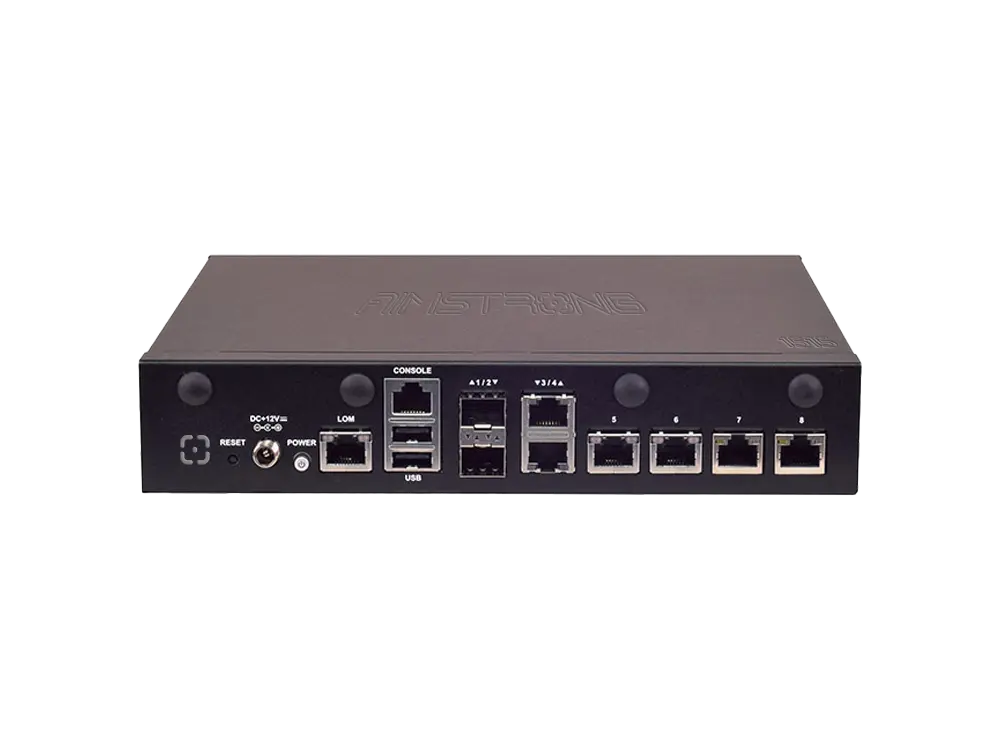 AIMSTRONG-1515 Rackmount-Firewall, Frontansicht mit SFP-Glasfaser und RJ45-Ports